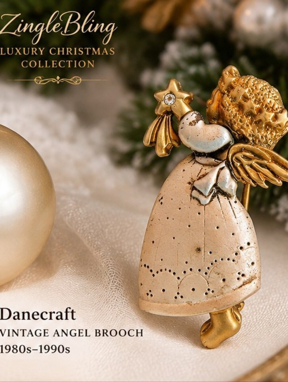 Vintage Danecraft Angel Brooch Gold Tone Cream Enamel Christmas Pin Signed